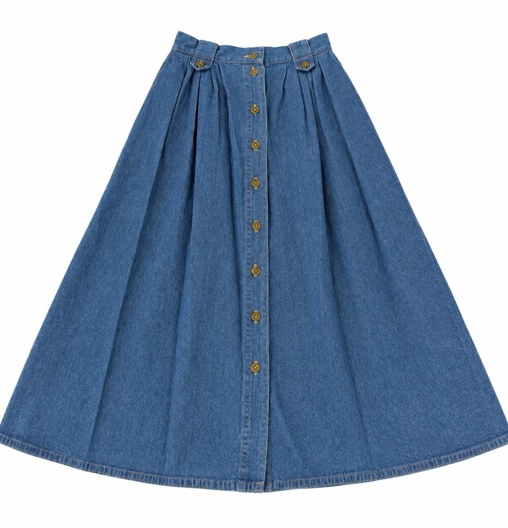 Vintage Koret City Blues Denim Skirt Small Button Front Pleated Made USA